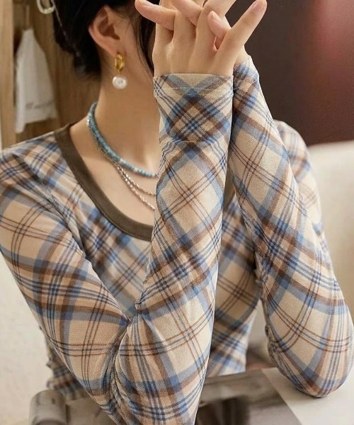 SHEPP(シープ)の「【26年秋冬新作】バイカラー パイピング チェック柄 シアープルオーバー バイカラートップス(Tシャツ/カットソー・レディース・グレー/ピンク・M)」の19枚目の写真