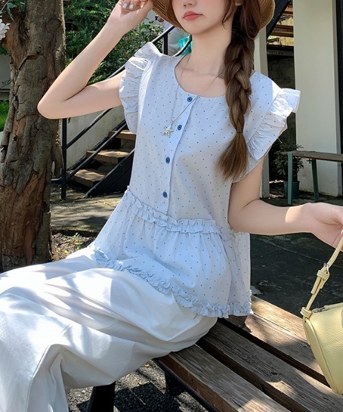 FAVORITO（ファヴォリート）の「フリルスリーブドット柄ブラウス（シャツ/ブラウス・レディース・ホワイト/ネイビー/ブルー・S/M/L）」の11枚目の写真