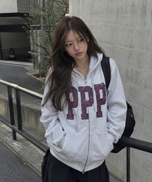PPP CLUB プリント2WAYジップアップパーカー ホワイトメランジ