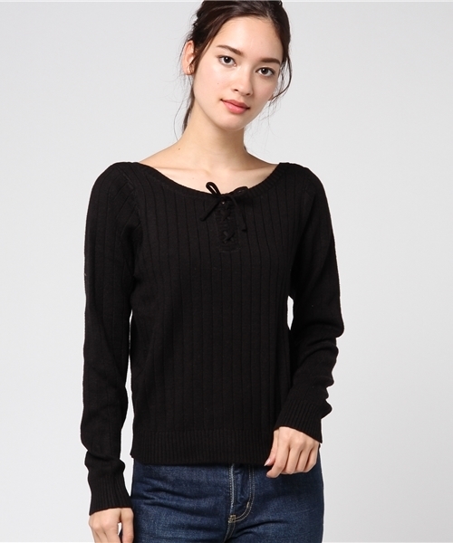 archives（アルシーヴ）の「ワイドリブ レースアップニット（ニット/セーター・レディース・オフホワイト/ブラウン/ピンク/ブラック・MEDIUM）」の3枚目の写真