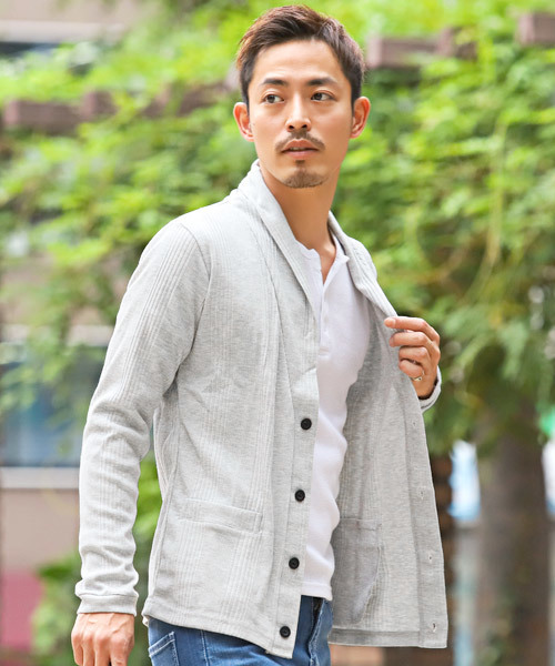 LUXSTYLE（ラグスタイル）の「ランダムテレコリブショールカラーカーディガン（カーディガン/ボレロ・メンズ・ホワイト/ブラック/杢グレー/レッド/ネイビー/ブルー/ワイン/ブラック系その他・M/L/XL）」の4枚目の写真