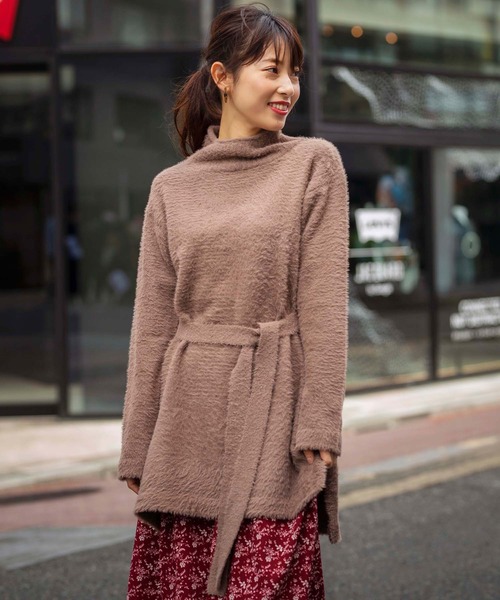 GeeRA(ジーラ)の「【WEB限定】ベルト付シャギーニットチュニック(ニット/セーター)」|モカ