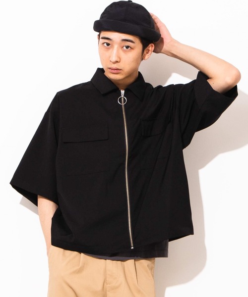 WEGO(ウィゴー)の「WEGO/フラップポケット5分袖スウィングトップ(シャツ/ブラウス・メンズ・ブラック/ブラウン系その他・MEDIUM/LARGE)」の1枚目の写真