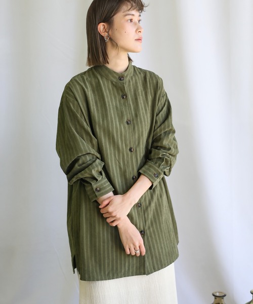 select MOCA（セレクトモカ）の「2021 SS スタンドカラーストライプニュアンスシャツ（シャツ/ブラウス・レディース・ブラック/グリーン・FREE）」の7枚目の写真