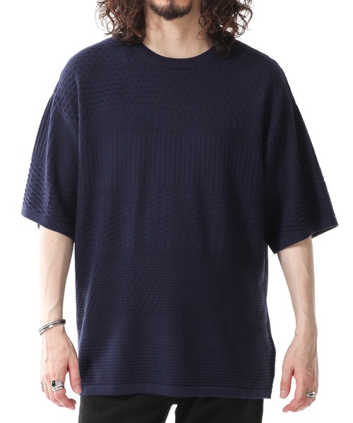 NANO universe（ナノユニバース）の「：地柄切替クルーネックワイドニット／半袖（ニット/セーター・メンズ・ネイビー/ベージュ/グレー・L/M/XL/S）」の3枚目の写真