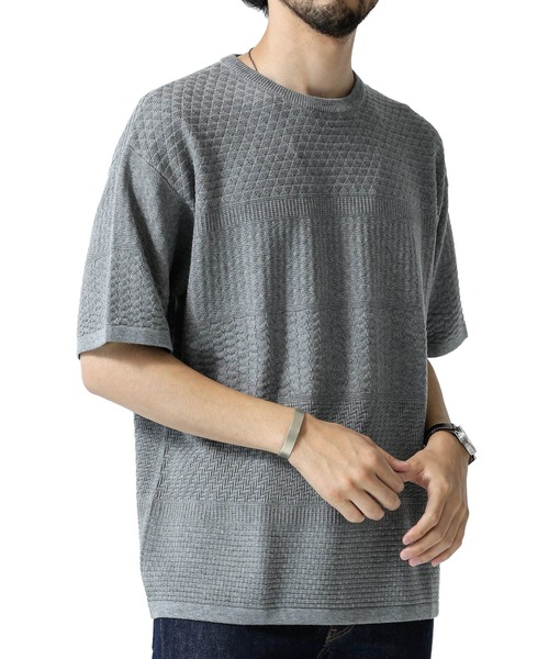 NANO universe（ナノユニバース）の「：地柄切替クルーネックワイドニット／半袖（ニット/セーター・メンズ・ネイビー/ベージュ/グレー・L/M/XL/S）」の2枚目の写真