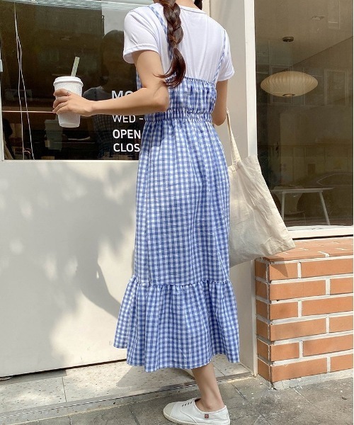 SONA（ソナ）の「SONYUNARA Ｔシャツ+チェックワンピースセット（ワンピース・レディース・スカイブルー/ブラック/オレンジ・FREE）」の14枚目の写真