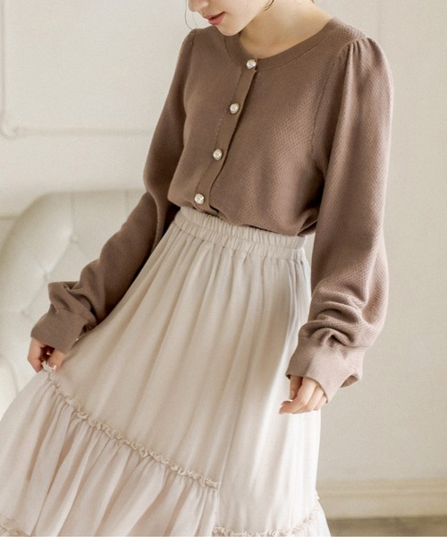 OLIVE des OLIVE（オリーブデオリーブ）の「パールボタンクルーネックカーディガン（カーディガン/ボレロ・レディース・グレー/ライトブラウン/ミント・FREE）」の2枚目の写真