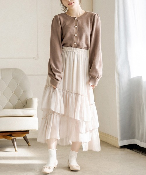 OLIVE des OLIVE（オリーブデオリーブ）の「パールボタンクルーネックカーディガン（カーディガン/ボレロ・レディース・グレー/ライトブラウン/ミント・FREE）」の10枚目の写真