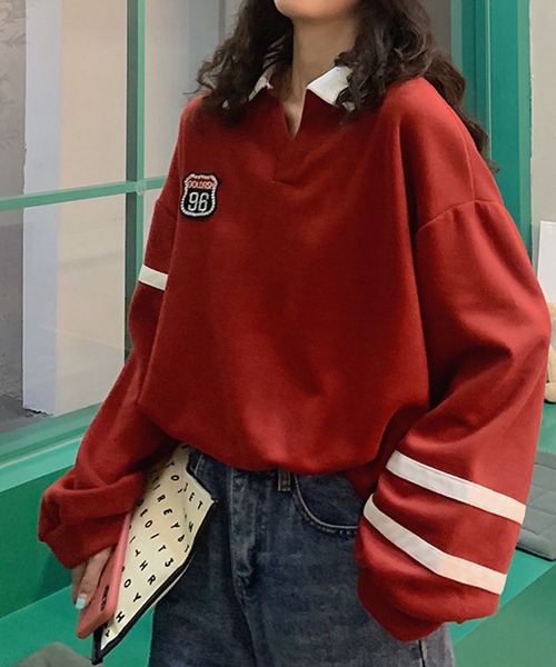 meJane（ミージェーン）の「GOLD FISH96ロゴワッペンビックシルエットポロシャツ【ZOZOTOWN限定】（ポロシャツ・レディース・ホワイト/レッド・FREE）」の2枚目の写真