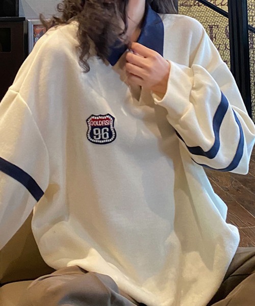 meJane（ミージェーン）の「GOLD FISH96ロゴワッペンビックシルエットポロシャツ【ZOZOTOWN限定】（ポロシャツ・レディース・ホワイト/レッド・FREE）」の6枚目の写真