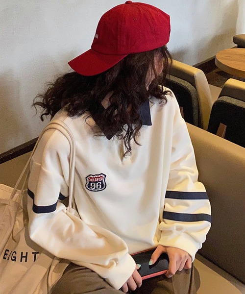 meJane（ミージェーン）の「GOLD FISH96ロゴワッペンビックシルエットポロシャツ【ZOZOTOWN限定】（ポロシャツ・レディース・ホワイト/レッド・FREE）」の8枚目の写真