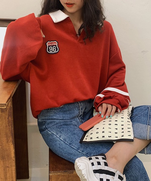 meJane（ミージェーン）の「GOLD FISH96ロゴワッペンビックシルエットポロシャツ【ZOZOTOWN限定】（ポロシャツ・レディース・ホワイト/レッド・FREE）」の12枚目の写真