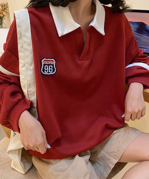 meJane（ミージェーン）の「GOLD FISH96ロゴワッペンビックシルエットポロシャツ【ZOZOTOWN限定】（ポロシャツ・レディース・ホワイト/レッド・FREE）」の5枚目の写真