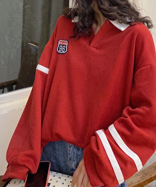 meJane（ミージェーン）の「GOLD FISH96ロゴワッペンビックシルエットポロシャツ【ZOZOTOWN限定】（ポロシャツ・レディース・ホワイト/レッド・FREE）」の9枚目の写真