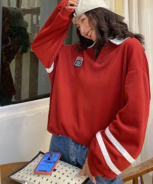 meJane（ミージェーン）の「GOLD FISH96ロゴワッペンビックシルエットポロシャツ【ZOZOTOWN限定】（ポロシャツ・レディース・ホワイト/レッド・FREE）」の7枚目の写真