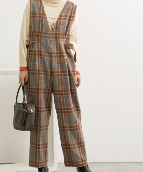 POU DOU DOU（プードゥドゥ）の「起毛チェックVネックオールインワン（サロペット/オーバーオール・レディース・ブラウン/グレー・3）」の6枚目の写真