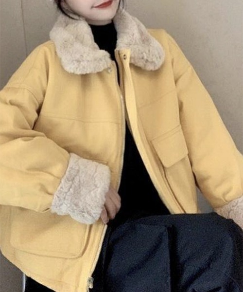 FRP(エフアールピー)の「YUGA フェイクムートン ボア ブルゾン ショートジャケットコート(ダウンジャケット/コート・レディース・ブラック/ライトブルー/イエロー/ピンク・FREE)」の13枚目の写真