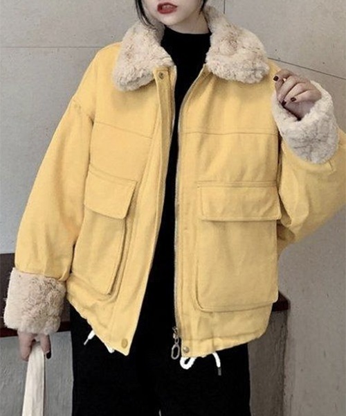 FRP(エフアールピー)の「YUGA フェイクムートン ボア ブルゾン ショートジャケットコート(ダウンジャケット/コート・レディース・ブラック/ライトブルー/イエロー/ピンク・FREE)」の12枚目の写真