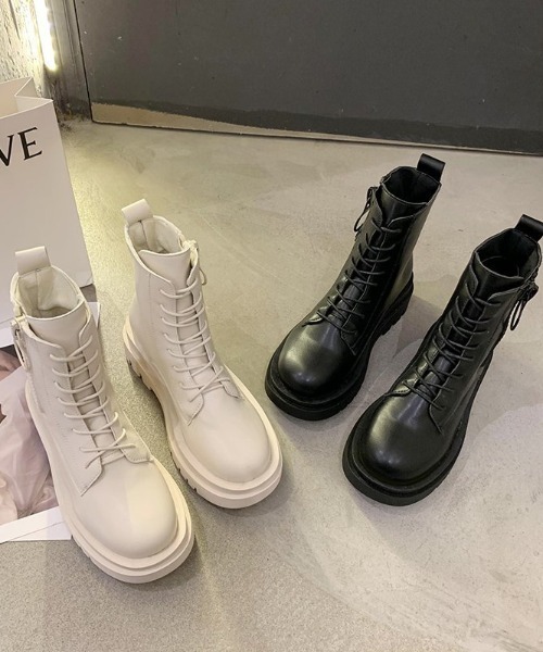 Shoes in Closet（シューズインクローゼット）の「厚底2段ソール サイド リング ジップ ブーツ 68（ブーツ・レディース・アイボリー/ブラック・S/L/M/LL）」の6枚目の写真