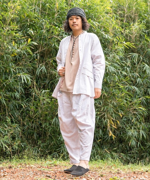 チャイハネ（チャイハネ）の「【チャイハネ】チェクモMEN'Sバンドカラーシャツ（シャツ/ブラウス・メンズ・ブラック/グレー/カーキ・FREE）」の6枚目の写真