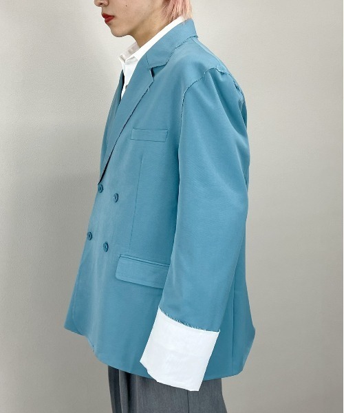 Chikashitsu +（チカシツプラス）の「【Chikashitsu +/チカシツプラス】bi-color double jacket/バイカラー ダブルジャケット（テーラードジャケット・メンズ・スカイブルー/ベージュ・ONE SIZE）」の20枚目の写真