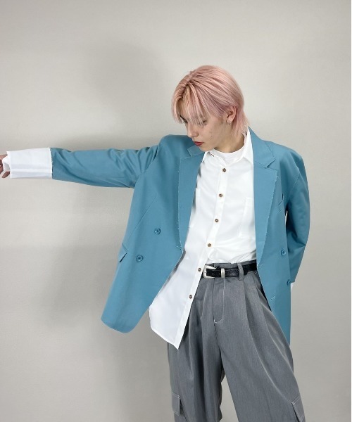 Chikashitsu +（チカシツプラス）の「【Chikashitsu +/チカシツプラス】bi-color double jacket/バイカラー ダブルジャケット（テーラードジャケット・メンズ・スカイブルー/ベージュ・ONE SIZE）」の22枚目の写真