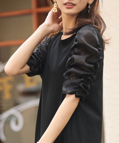 SAISON DE PAPILLON（セゾンドパピヨン）の「シアードッキングボリュームスリーブカットソーワンピース（ワンピース・レディース・ブラック・S/M/L）」の17枚目の写真