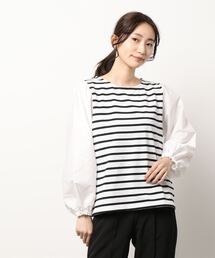 Samansa Mos2 blue | 異素材切替ボーダーカットソー(Tシャツ/カットソー)
