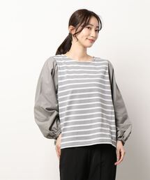 Samansa Mos2 blue | 異素材切替ボーダーカットソー(Tシャツ/カットソー)