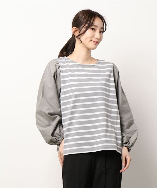 Samansa Mos2 blue(サマンサモスモスブルー)の「異素材切替ボーダーカットソー(Tシャツ/カットソー・レディース・ネイビー/オフホワイト/シルバーグレー・フリ-)」の4枚目の写真