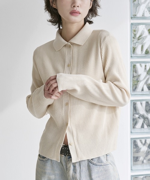 8カラー展開】カラーネックリブニットカーディガン（カーディガン