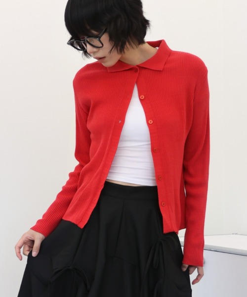 UNE MANSION（ユヌマンション）の「【8カラー展開】カラーネックリブニットカーディガン（カーディガン/ボレロ・レディース・ブラック/ベージュ/レッド/ピンク/ブルー/グリーン/アイボリー/レモンイエロー・FREE）」の8枚目の写真