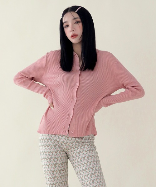 8カラー展開】カラーネックリブニットカーディガン（カーディガン