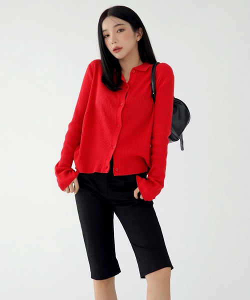 UNE MANSION（ユヌマンション）の「【8カラー展開】カラーネックリブニットカーディガン（カーディガン/ボレロ・レディース・ブラック/ベージュ/レッド/ピンク/ブルー/グリーン/アイボリー/レモンイエロー・FREE）」の15枚目の写真