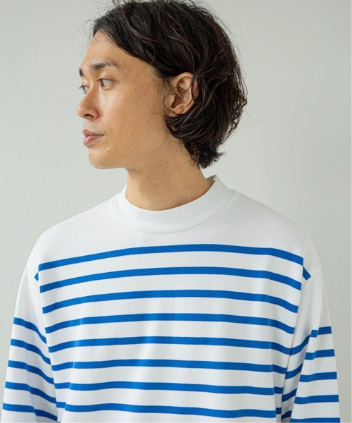 EDIFICE(エディフィス)の「【ETS.MATERIAUX / マテリオ】パネルボーダー モックネック(Tシャツ/カットソー・メンズ・ホワイト/スカイブルー・1/2/3)」の4枚目の写真