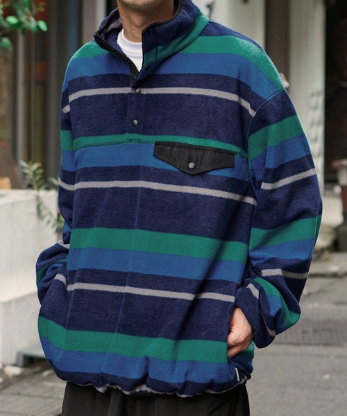 MONO-MART（モノマート）の「【retock's】フリースハーフボタン ビッグシルエットスナッププルオーバー（スウェット・レディース・ブルー/チェック/アイボリー/ブラック系/ブラック/グリーン系/ダークグリーン/ネイビー系/パープル/ナチュラル/グレー/オレンジ/ネイビー/ブラック系2・M/L）」の20枚目の写真