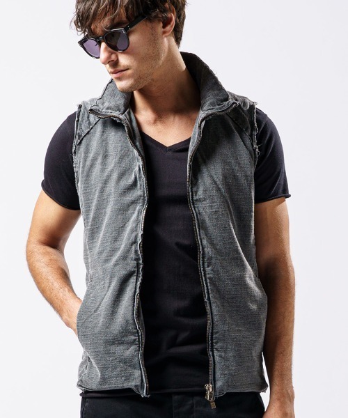 wjk(ダヴルジェイケイ)の「mcg3136- cut-off stand collar vest ベスト(ベスト・メンズ・ライトグレー/インディゴブルー/ブラック・S/M/L/XL)」の3枚目の写真