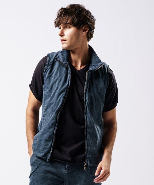 wjk(ダヴルジェイケイ)の「mcg3136- cut-off stand collar vest ベスト(ベスト・メンズ・ライトグレー/インディゴブルー/ブラック・S/M/L/XL)」の9枚目の写真