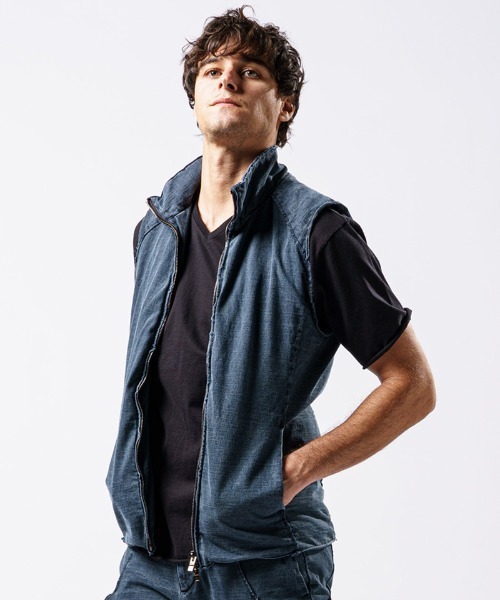wjk(ダヴルジェイケイ)の「mcg3136- cut-off stand collar vest ベスト(ベスト・メンズ・ライトグレー/インディゴブルー/ブラック・S/M/L/XL)」の10枚目の写真