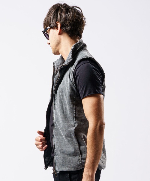 wjk(ダヴルジェイケイ)の「mcg3136- cut-off stand collar vest ベスト(ベスト・メンズ・ライトグレー/インディゴブルー/ブラック・S/M/L/XL)」の15枚目の写真