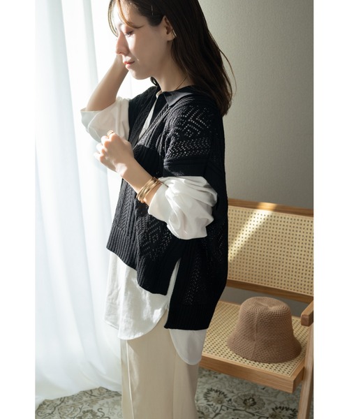 Amourire(アムリール)の「【yumi.コラボ】程よい抜け感。スキッパー透かし編みニットトップス(ニット/セーター・レディース・ブラック/アイボリー/ベージュ・S/M)」の7枚目の写真