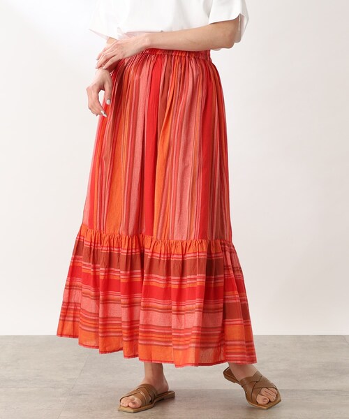 THE SHOP TK (ザ ショップ ティーケー )の「◆【コットン100%/洗える】インドストライプギャザーティアードスカート(スカート・レディース・オレンジ系その他4/アイボリー系2・11/12)」の1枚目の写真
