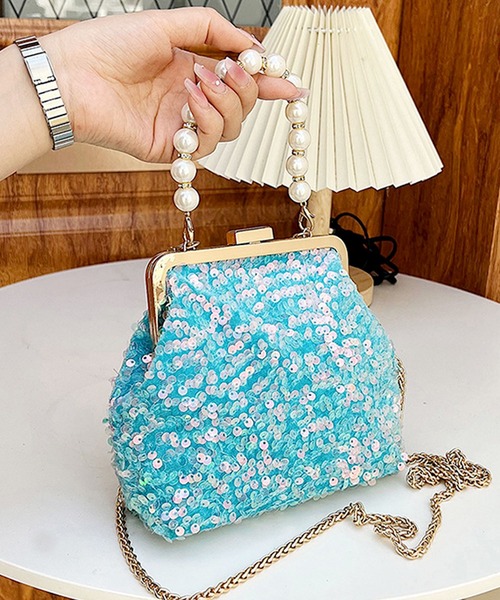 florist(フローリスト)の「【3WAYデザイン】【取外しパールハンドル付】ファビュラススパンコールのがま口ショルダーバッグ/ハンドバッグ(ハンドバッグ・レディース・ゴールド/ホワイト/カラフル/ライトブルー/ブラック/パープル・FREE)」の4枚目の写真