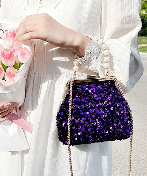 florist(フローリスト)の「【3WAYデザイン】【取外しパールハンドル付】ファビュラススパンコールのがま口ショルダーバッグ/ハンドバッグ(ハンドバッグ・レディース・ゴールド/ホワイト/カラフル/ライトブルー/ブラック/パープル・FREE)」の11枚目の写真