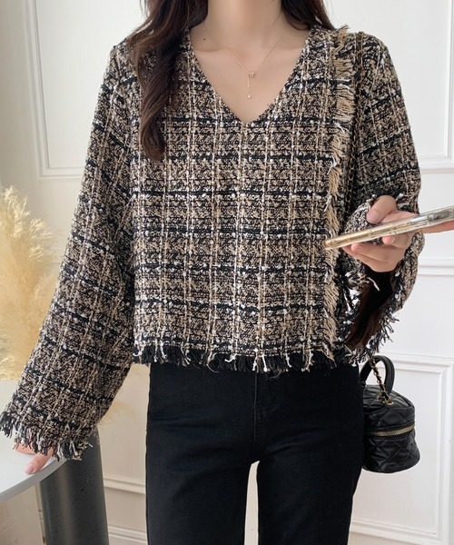 ABITOKYO（アビトーキョー）の「ラップ風Vネッククロップド丈フリンジツイードブラウス（裏地付）（シャツ/ブラウス・レディース・ブラック系その他/ベージュ系その他/ブラック系その他2・L/M）」の10枚目の写真