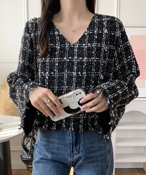 ABITOKYO（アビトーキョー）の「ラップ風Vネッククロップド丈フリンジツイードブラウス（裏地付）（シャツ/ブラウス・レディース・ブラック系その他/ベージュ系その他/ブラック系その他2・L/M）」の22枚目の写真