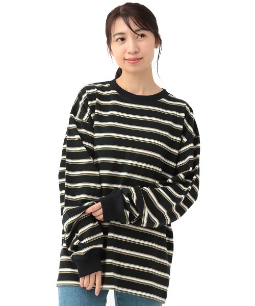 セール】カラフルボーダークルーネックロングTシャツ【ユニ