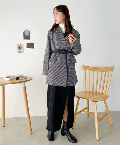 CLEA(クレア)の「2WAYベルト付きチェックテーラードコート(チェスターコート・レディース・ブラック/ブラウン・FREE)」の9枚目の写真