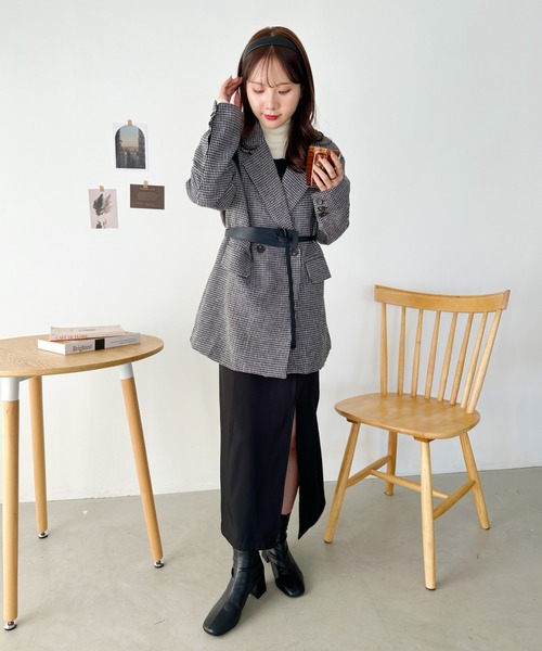 CLEA(クレア)の「2WAYベルト付きチェックテーラードコート(チェスターコート・レディース・ブラック/ブラウン・FREE)」の7枚目の写真
